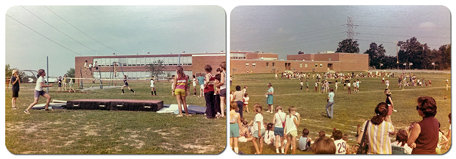 Two undated color photographs taken during the 1970s showing Field Day activities at Rose Hill Elementary School. Both photographs were taken outdoors and show the building in the distance. The children are playing on the playground and participating in athletic challenges of some sort. 