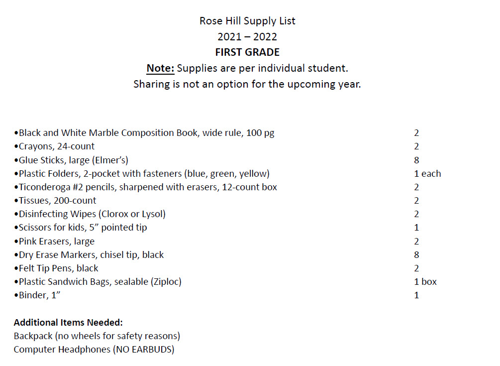 First Grade Supply List