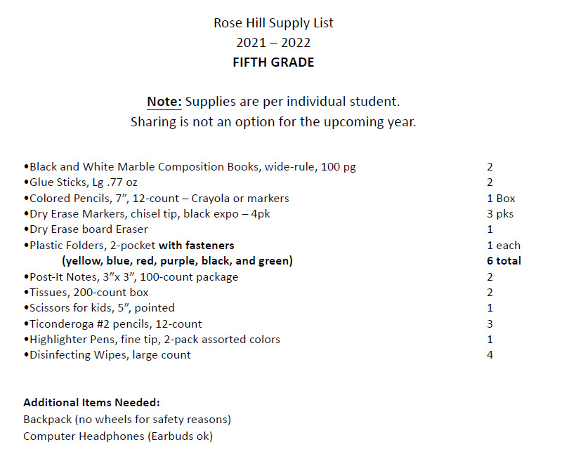 5th Grade Supply List